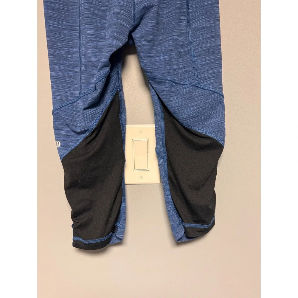 Lululemon Women Run For Your Life Blue Heather Crop Leggings Mesh Panels Size 6
